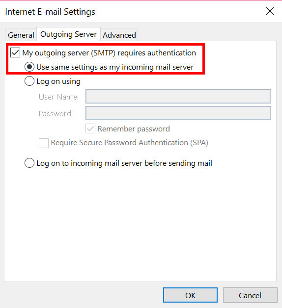 Outlook 2010 outgoing authentication